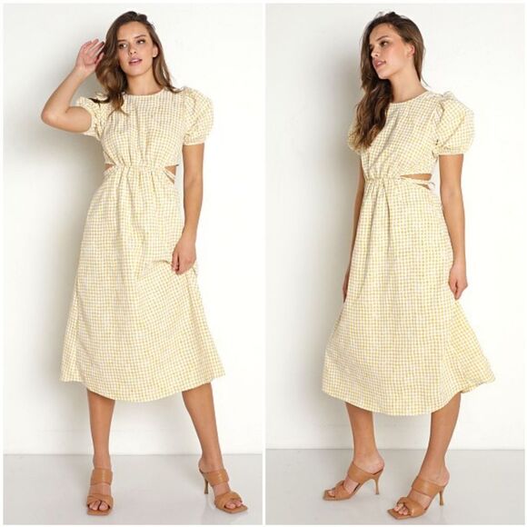 Anthropologie En Saison Gingham Floral Yellow Kanika Puff Sleeve Midi Dress L - Picture 2 of 7